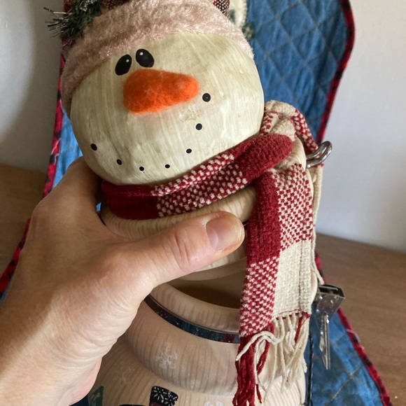 Snowman Cookie Jar Knit Scarf Clamp Top Lid Christmas Decor. Cute! - Picture 6 of 8